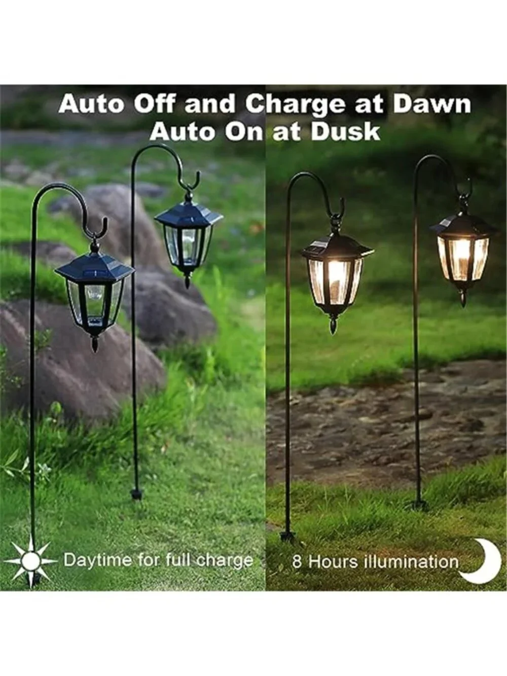 Solar Hanging Lantern Lights Outdoor Garden Shepherd Hook LED Yard Decor Set